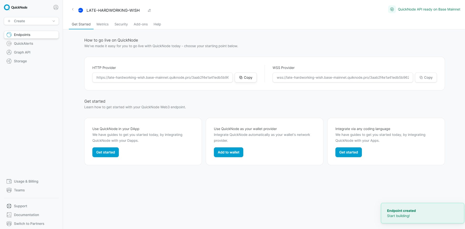 QuickNode Dashboard, where we can copy our base mainnet RPC node.