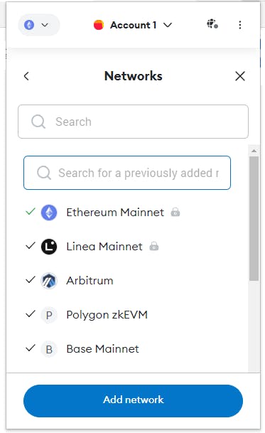 Metamask network section dashboard