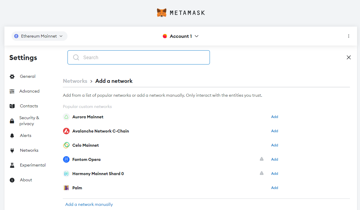 Metamask network section detailed dashboard