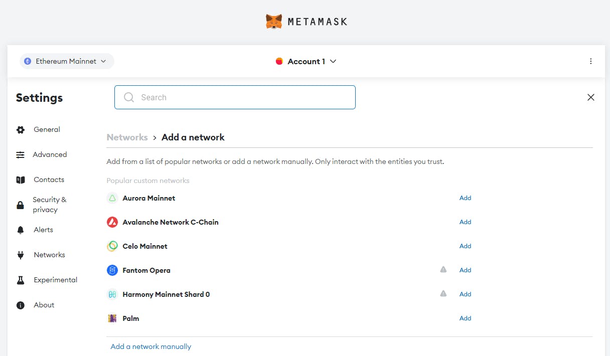 Metamask network section detailed dashboard