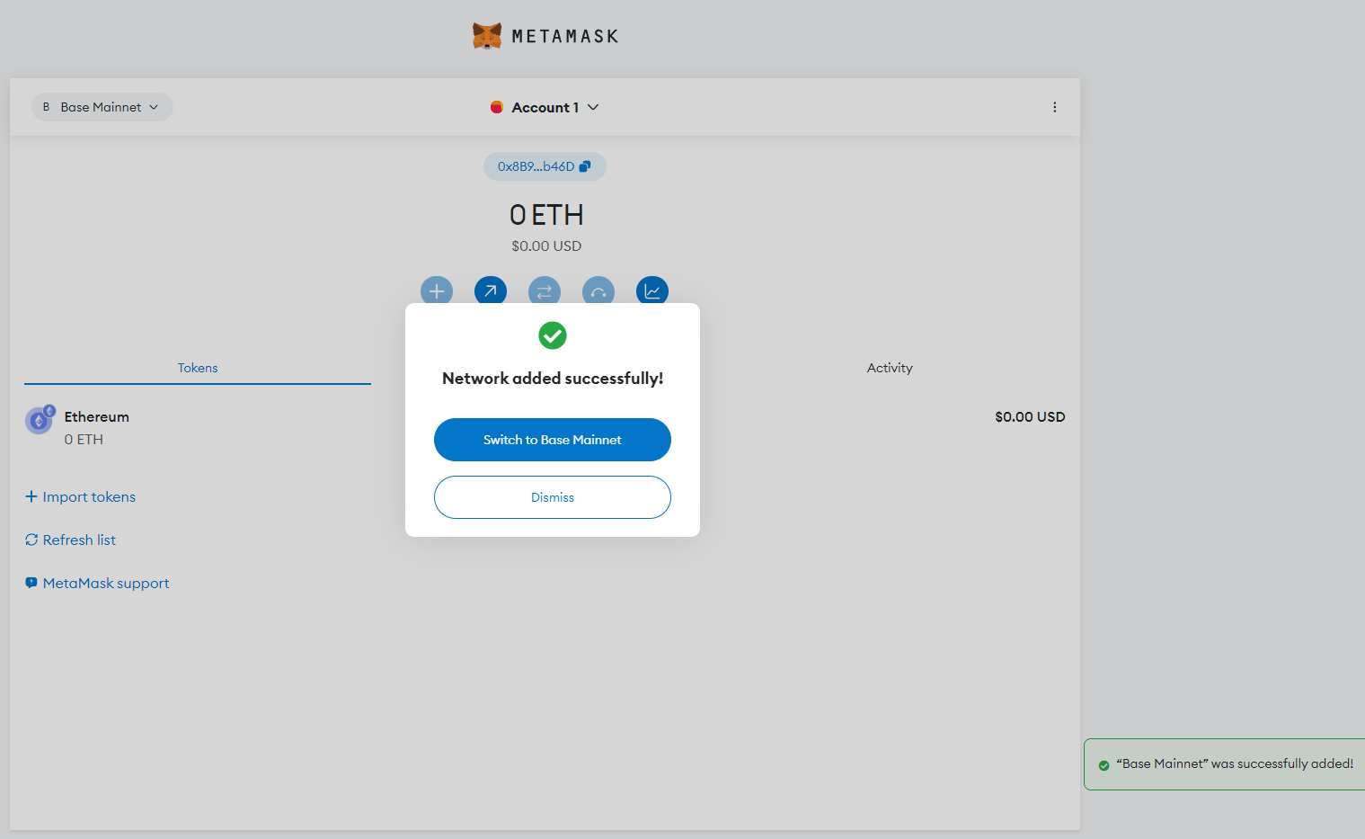 Metamask asking to switch to Base Mainnet network