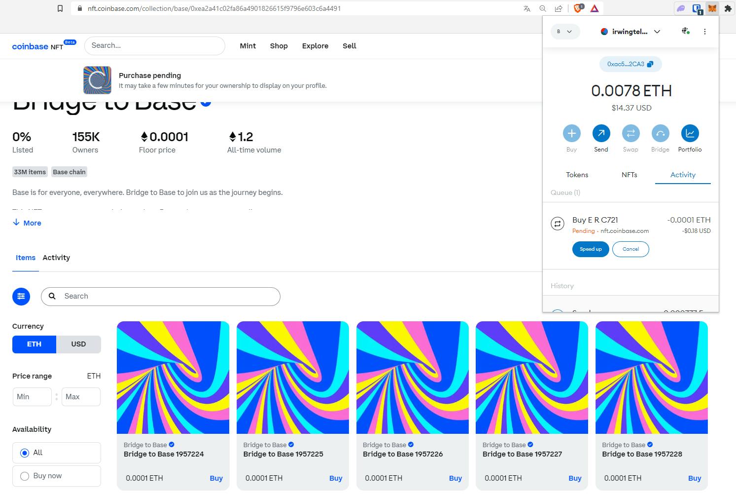 Process of purchasing nfts on Base