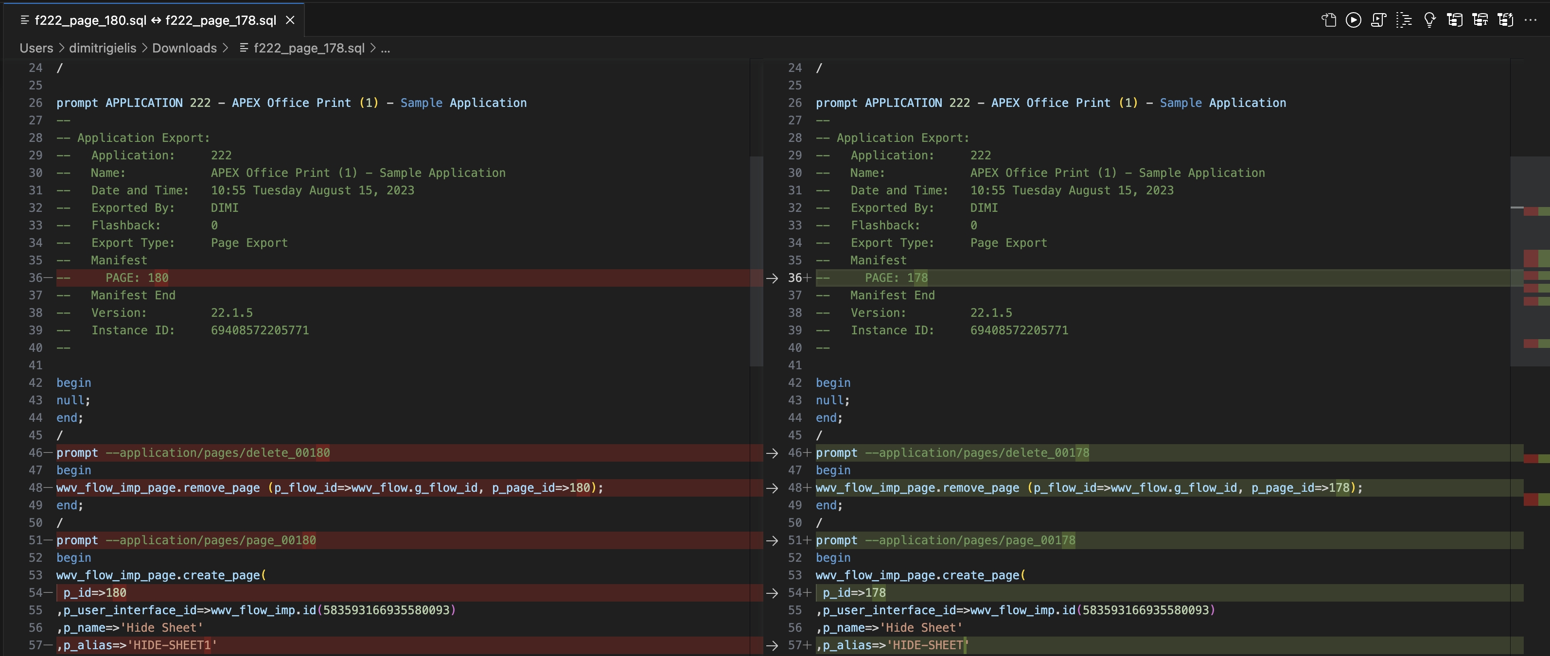 Compare 2 Oracle APEX pages