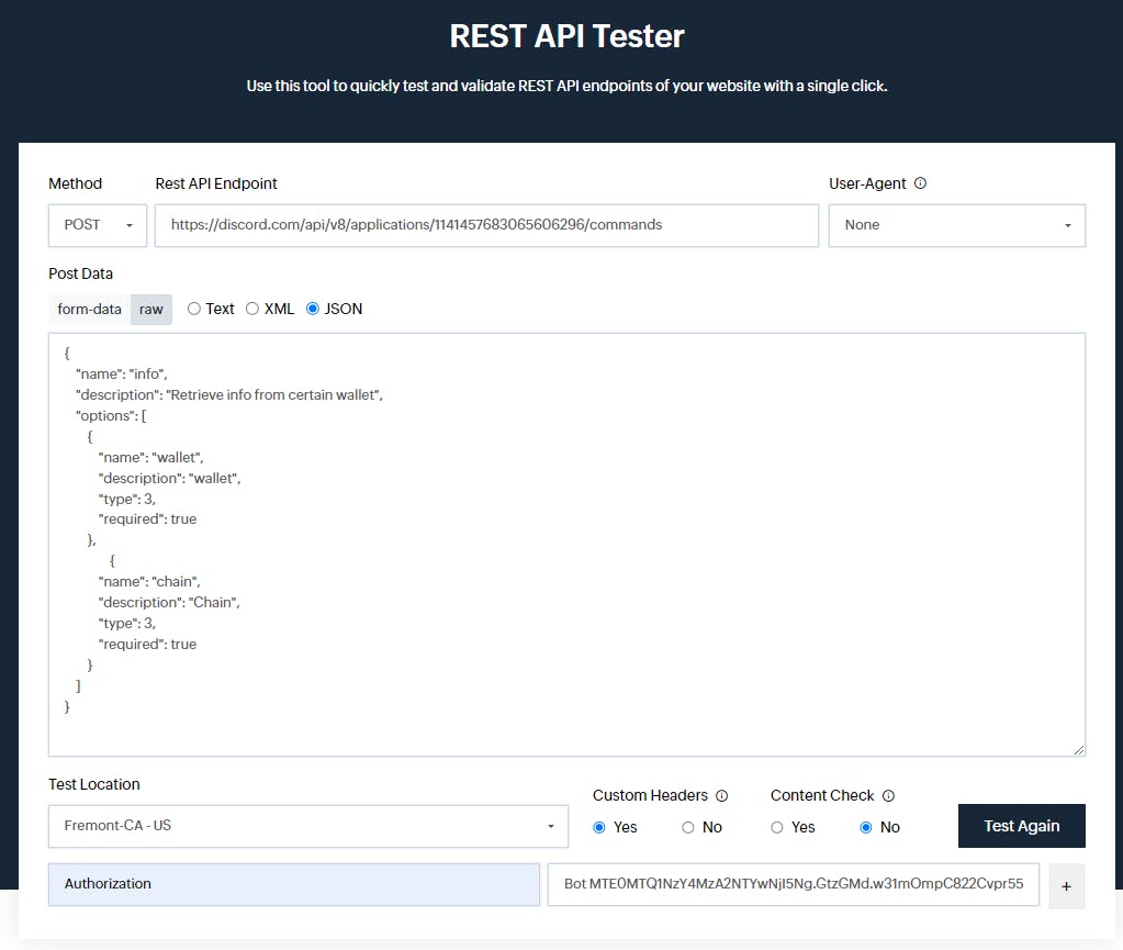 Creating the command "/info" on https://www.site24x7.com/tools/restapi-tester.html