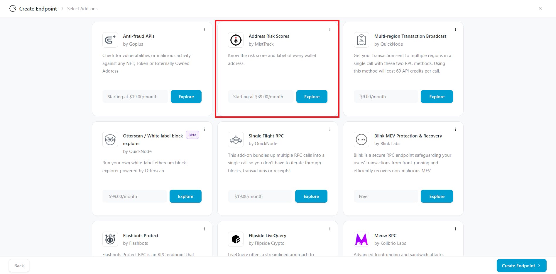 Screenshot of the QuickNode platform where we activate the Mistrack API bundle to determine the risk score of each wallet address.