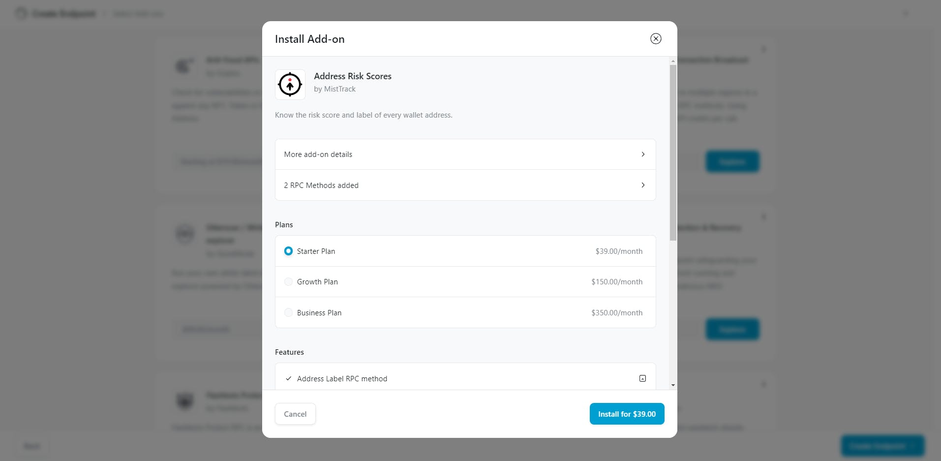 Screenshot of the QuickNode platform where we install the nft plugin