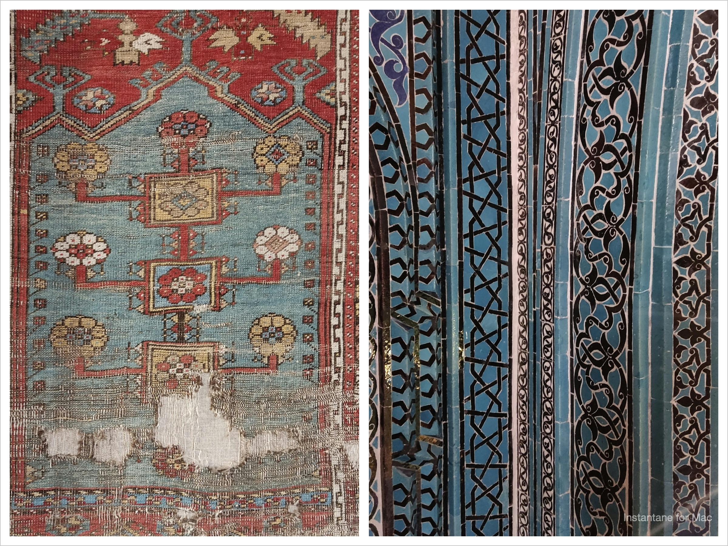wzorzysty dywan turecki i wzorzyste niebiesko-czarno-białe kafle