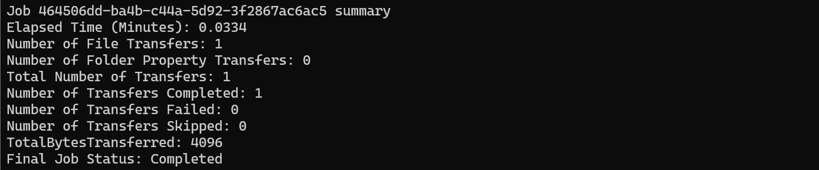 AZ Copy command output, copied the grafana.db over to Azure File Share