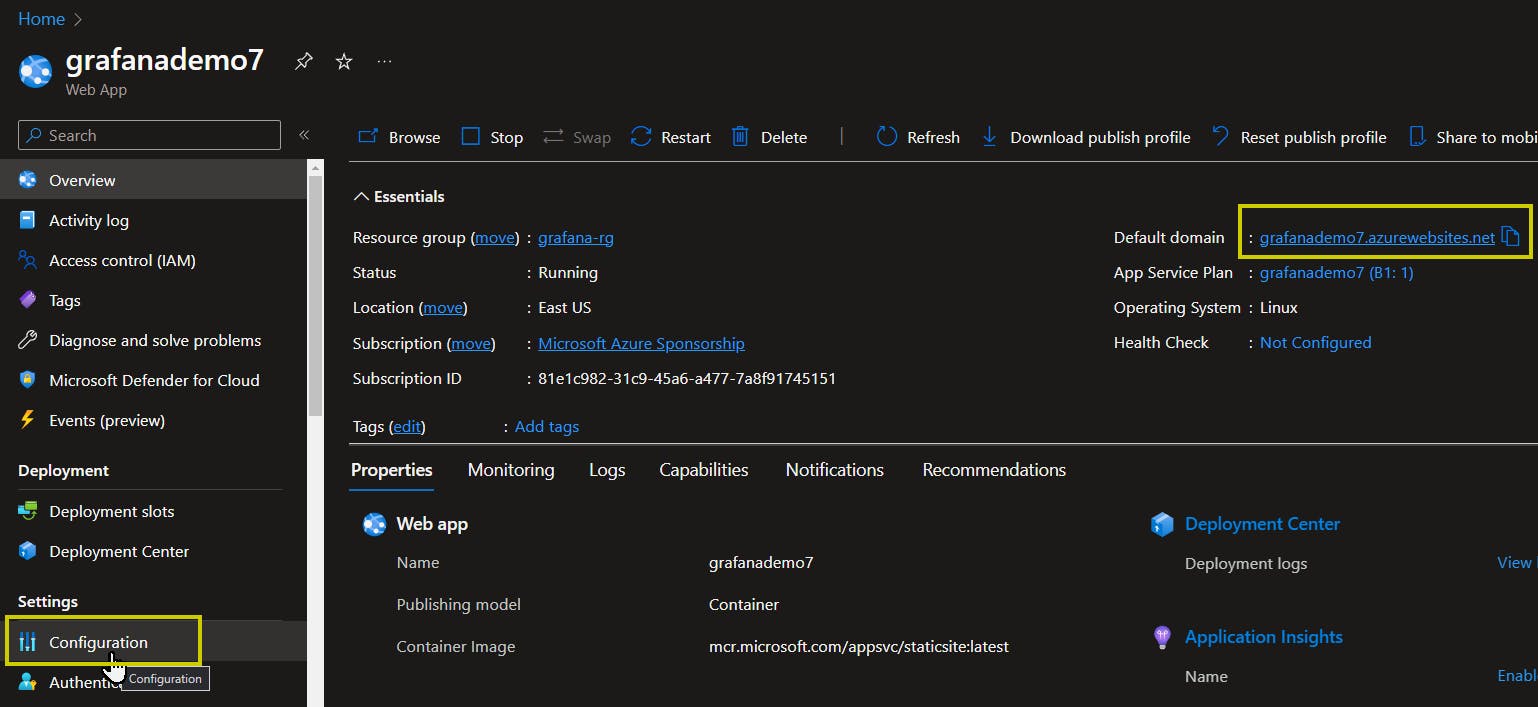 Azure Web App page with Default Domain and Configuration highlighted