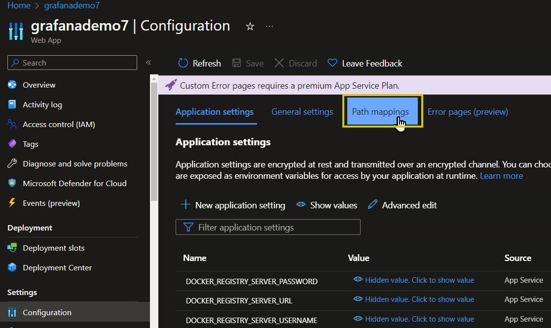 Azure Web App Configuration window, with Path mappings highlighted