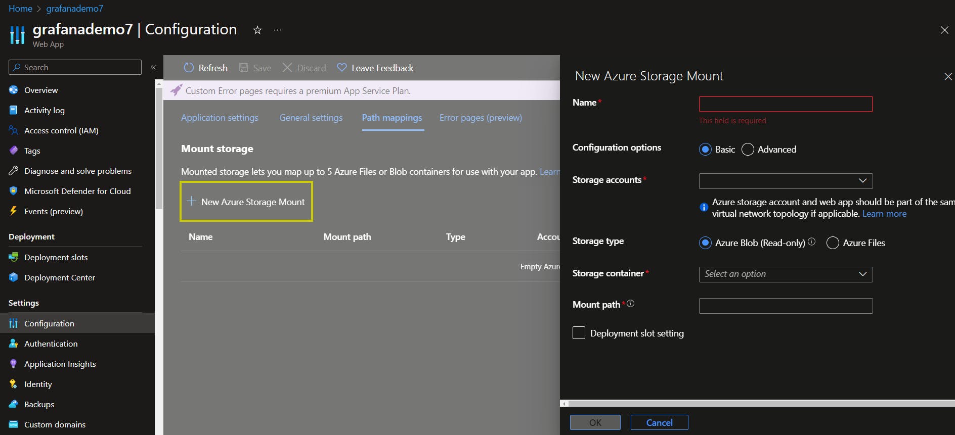 Azure Web App configuration: adding New Azure Storage Mount
