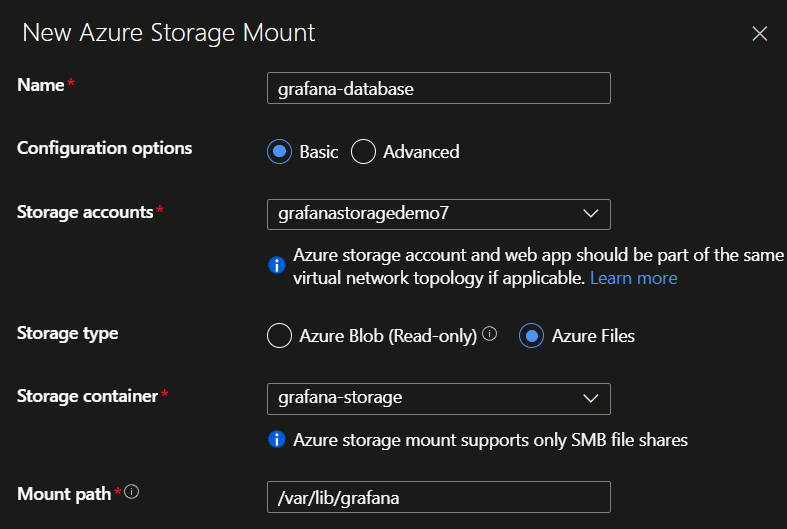 New Azure Storage Mount for Azure Web App with all the parameters filled in
