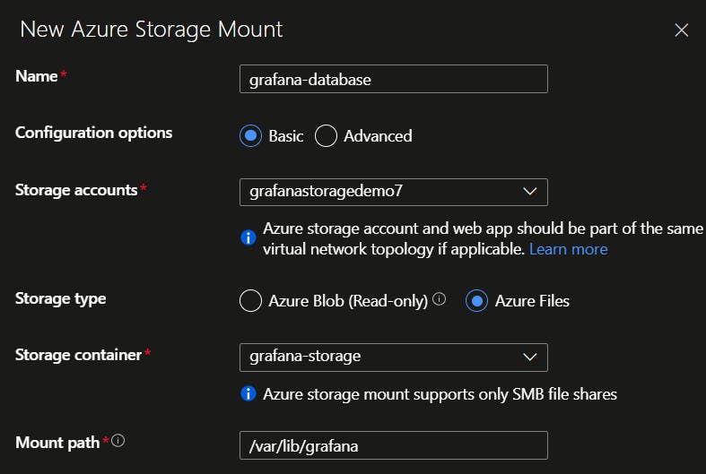 New Azure Storage Mount for Azure Web App with all the parameters filled in