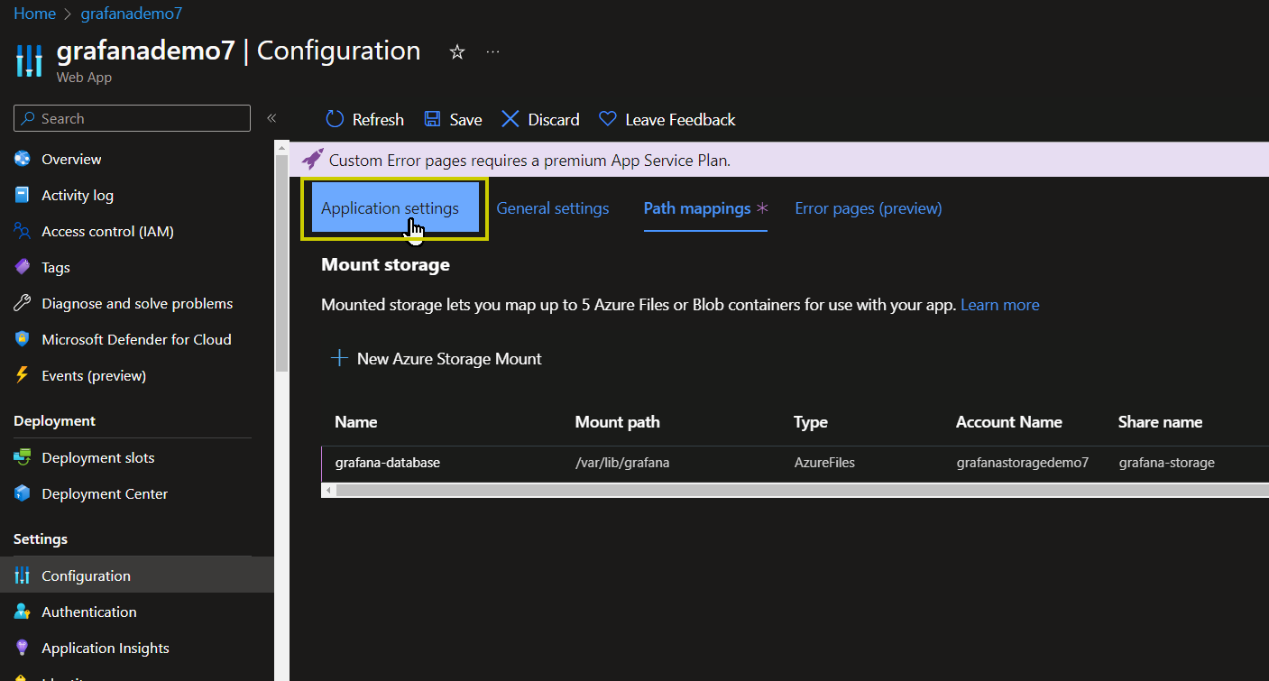Azure Web App Configuration page with Application Settings highlighted