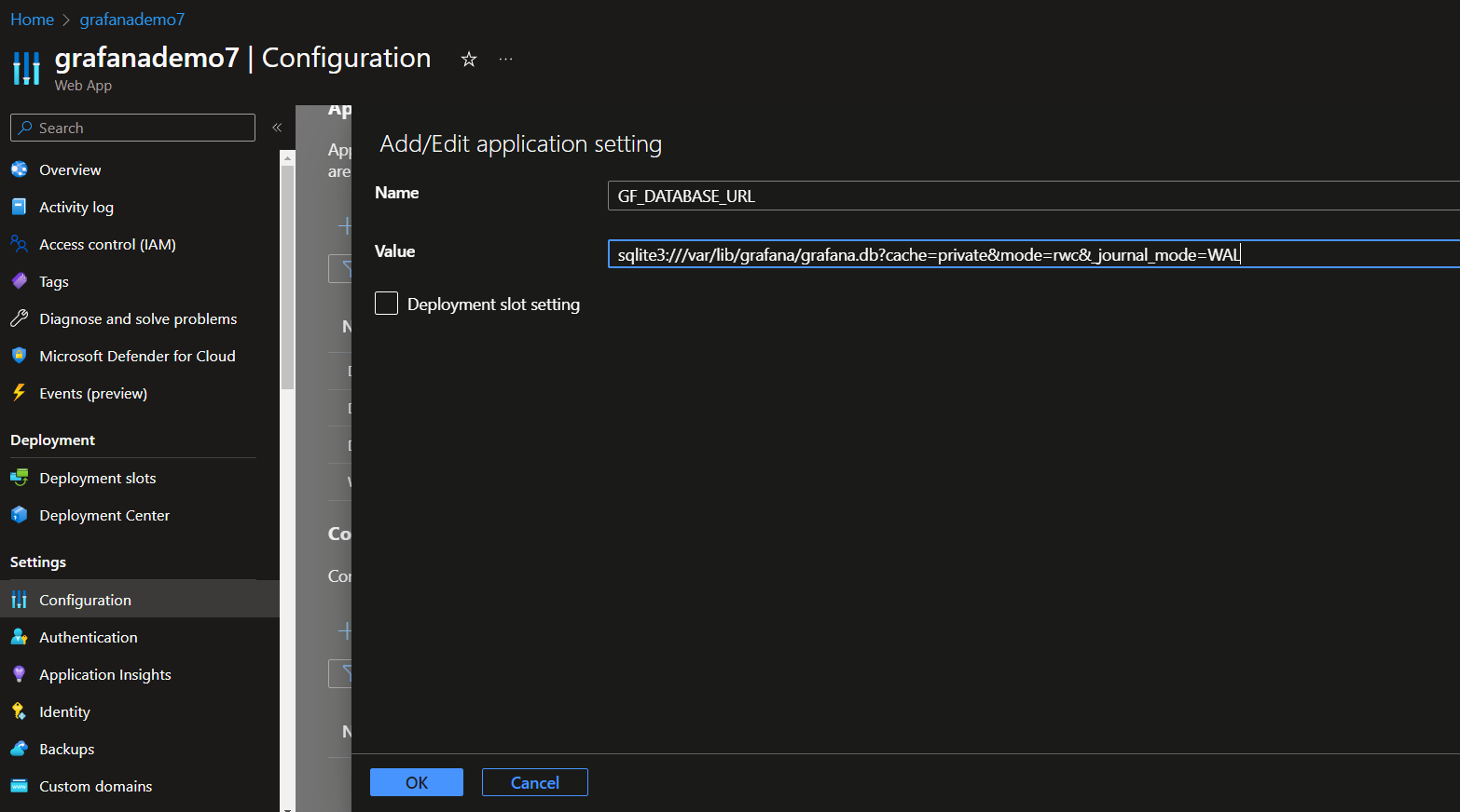 Adding new application setting for Azure Web App