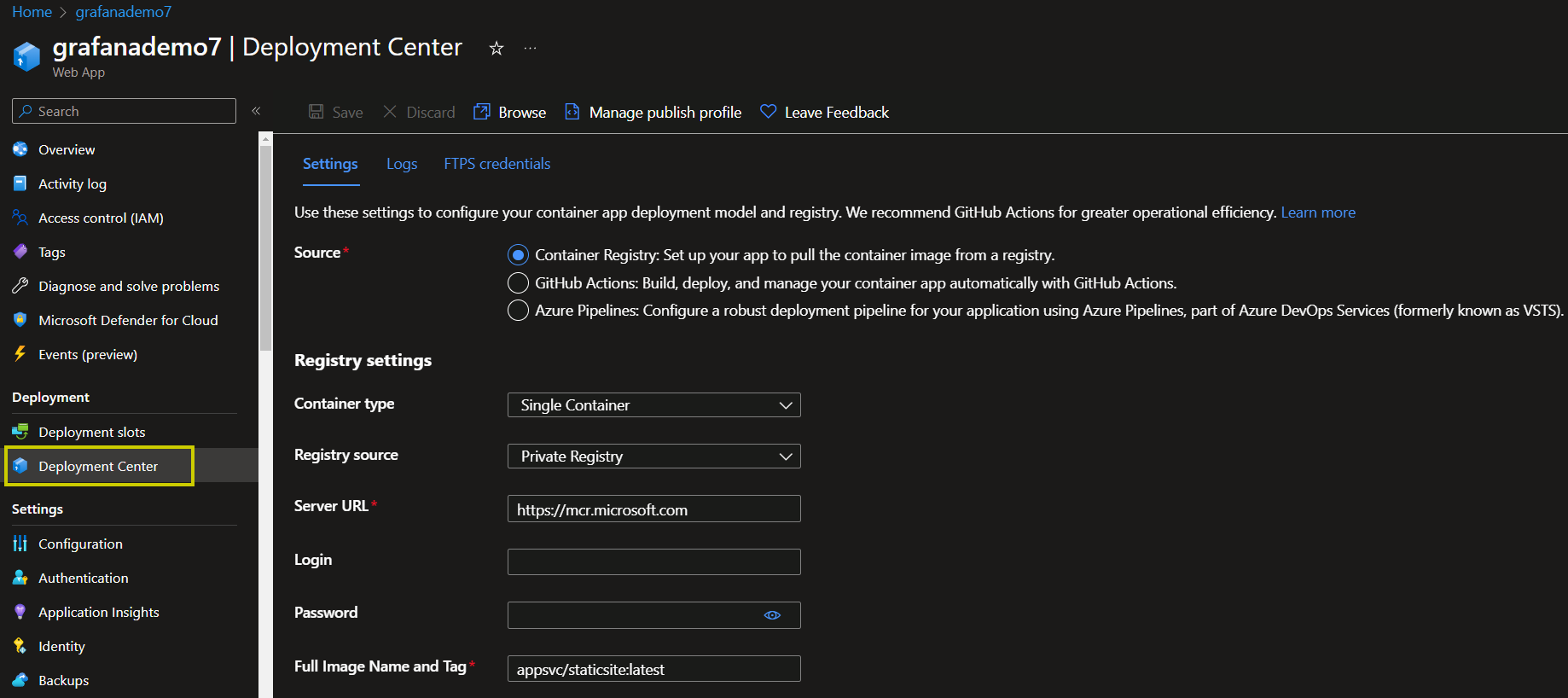 Azure Web App Deployment Center page: changing the container settings