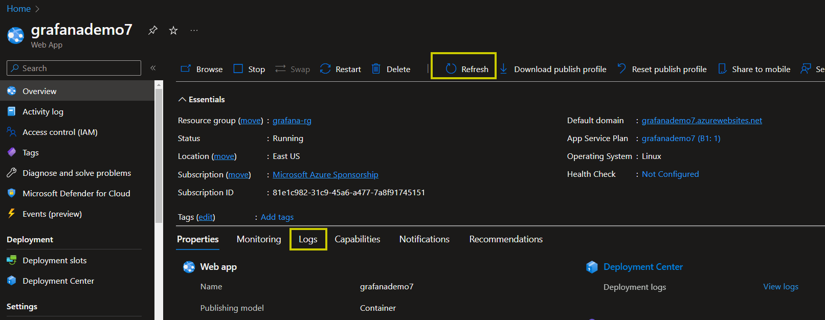 Azure Web App portal with Refresh and Logs button highlighted