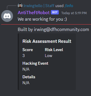 Results from the info command related to the AntiTheft Discord bot