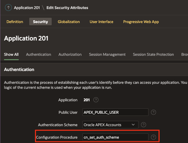 Oracle APEX Dynamic Authentication Scheme Configuration