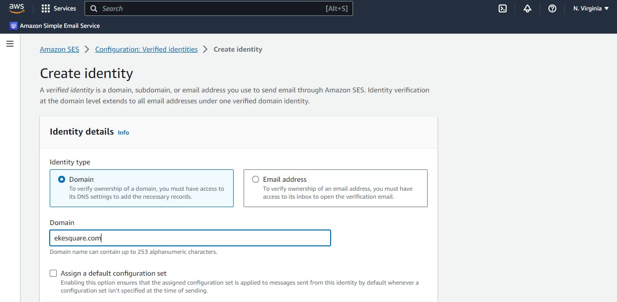 AWS SES create identity portal