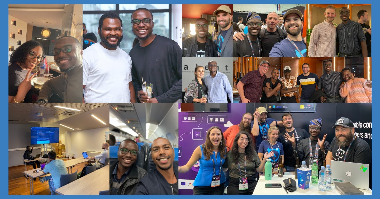 A collage with some images of Bolaji and some friends/colleagues at different developer conferences.