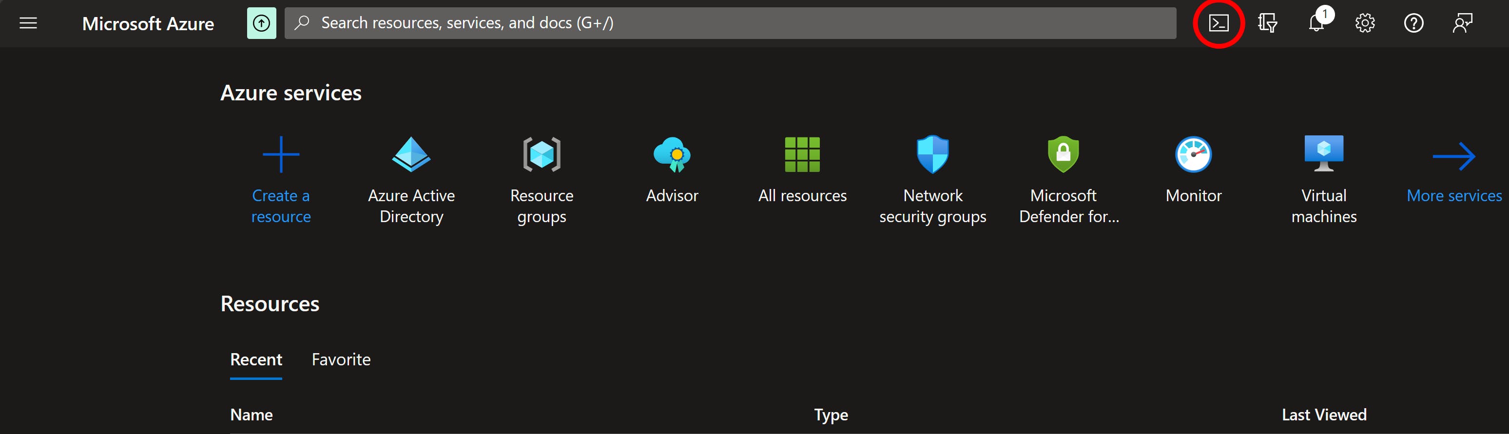 Screenshot showing the cloud shell icon on the Azure portal