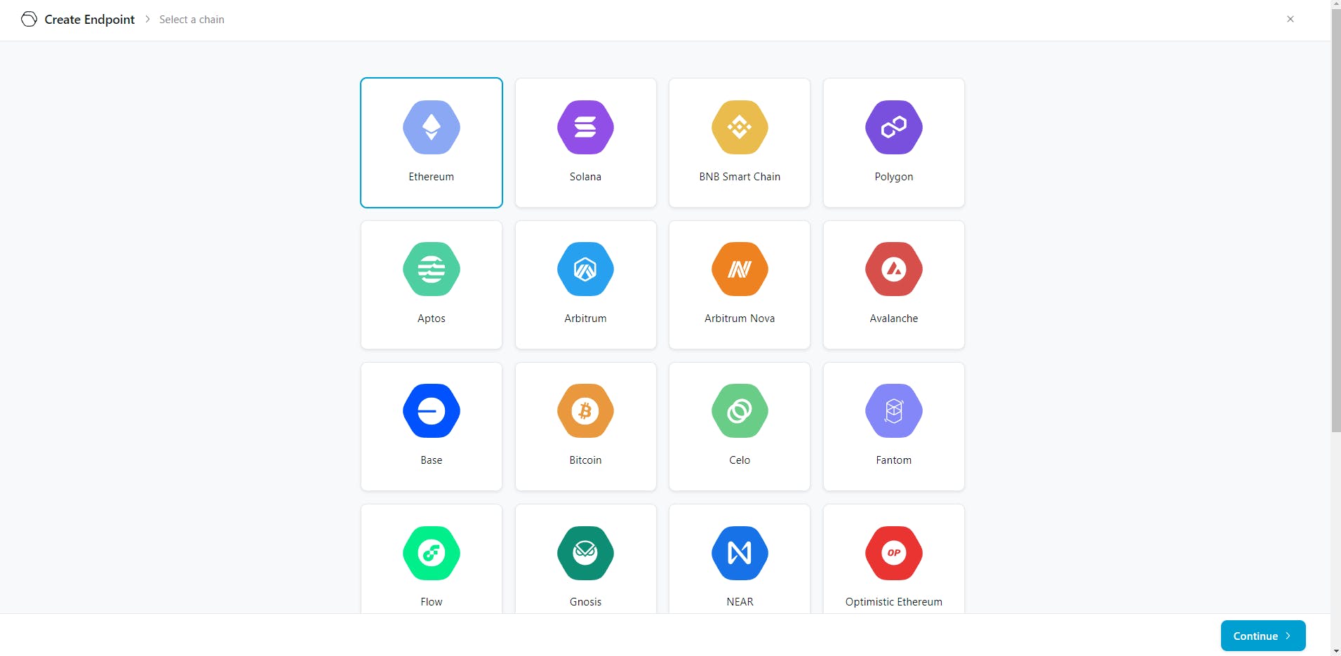 Screenshot of the QuickNode platform to select the desired blockchain to obtain our RPC