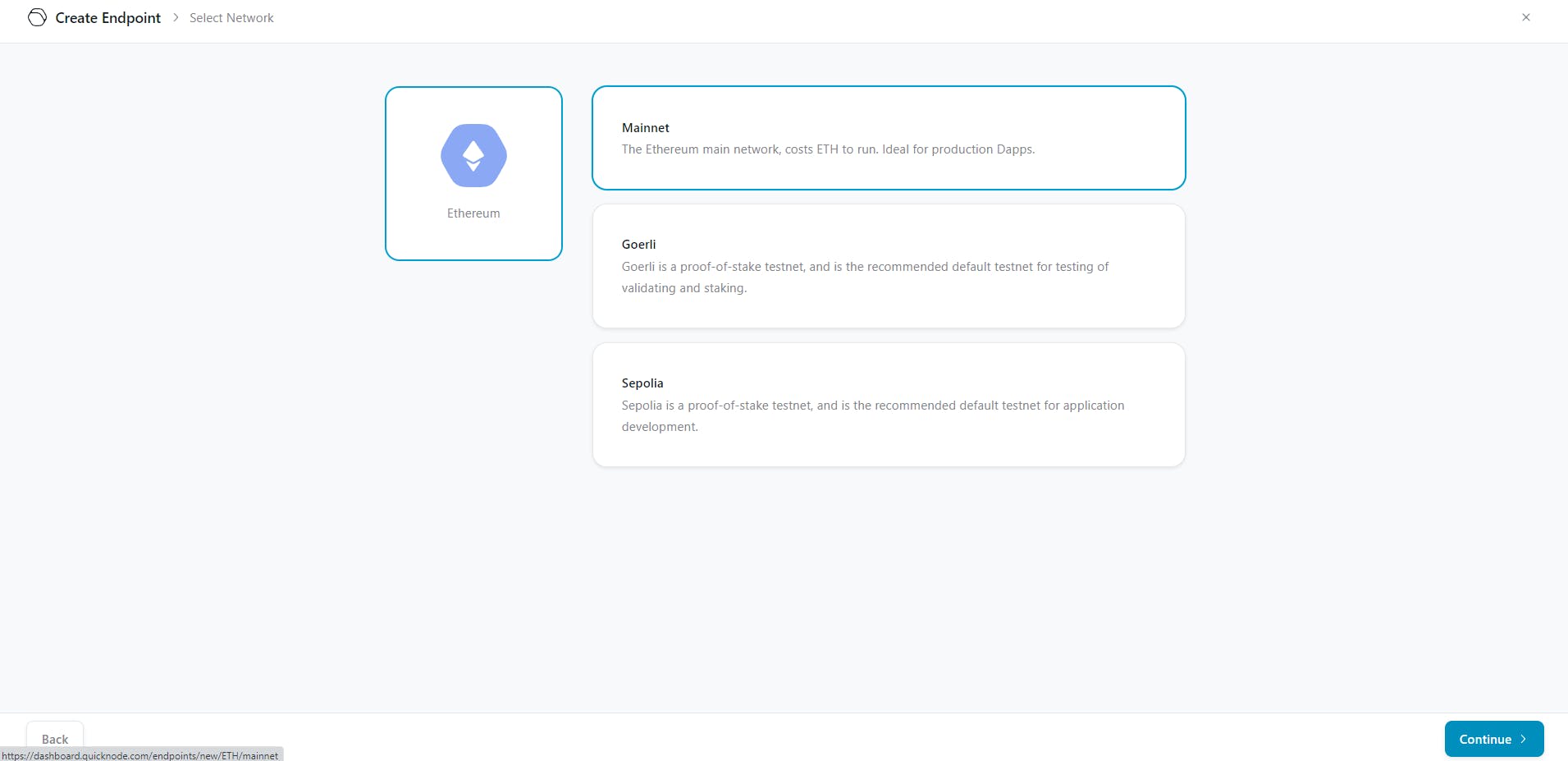 Screenshot of the QuickNode platform to select the desired version of the blockchain