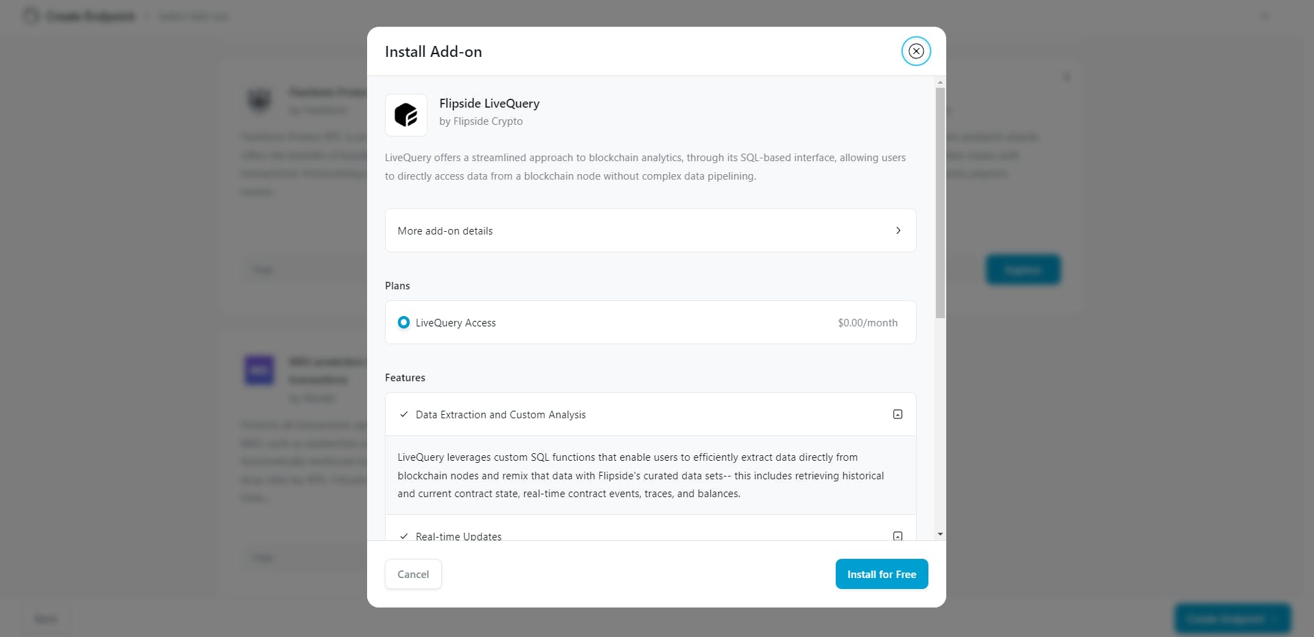 Screenshot of the QuickNode platform where we activate the flipside livequery bundle to retrieve the information from our nfts