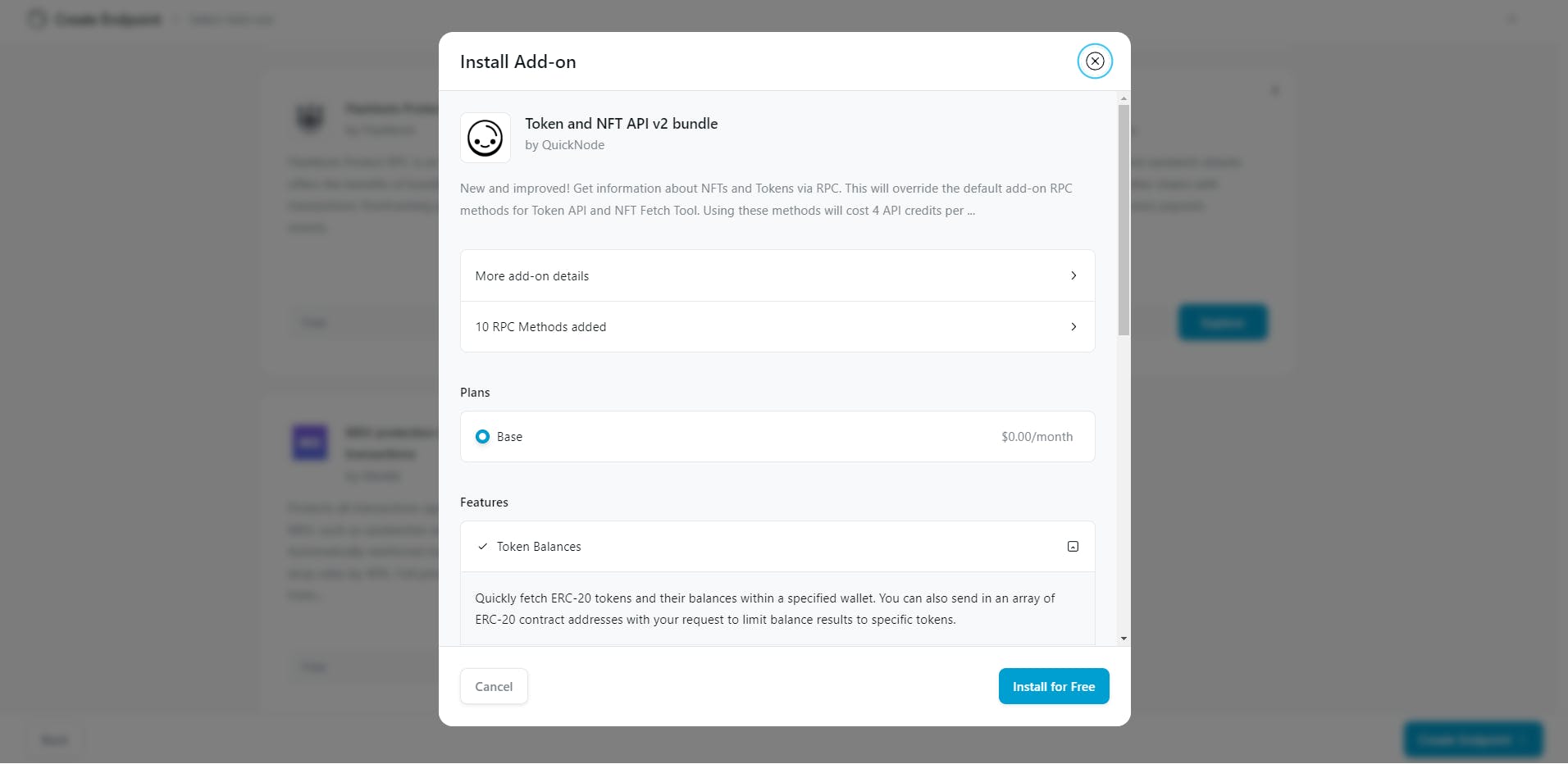 Screenshot of the QuickNode platform where we activate the nft api v2 bundle to retrieve the information from our nfts