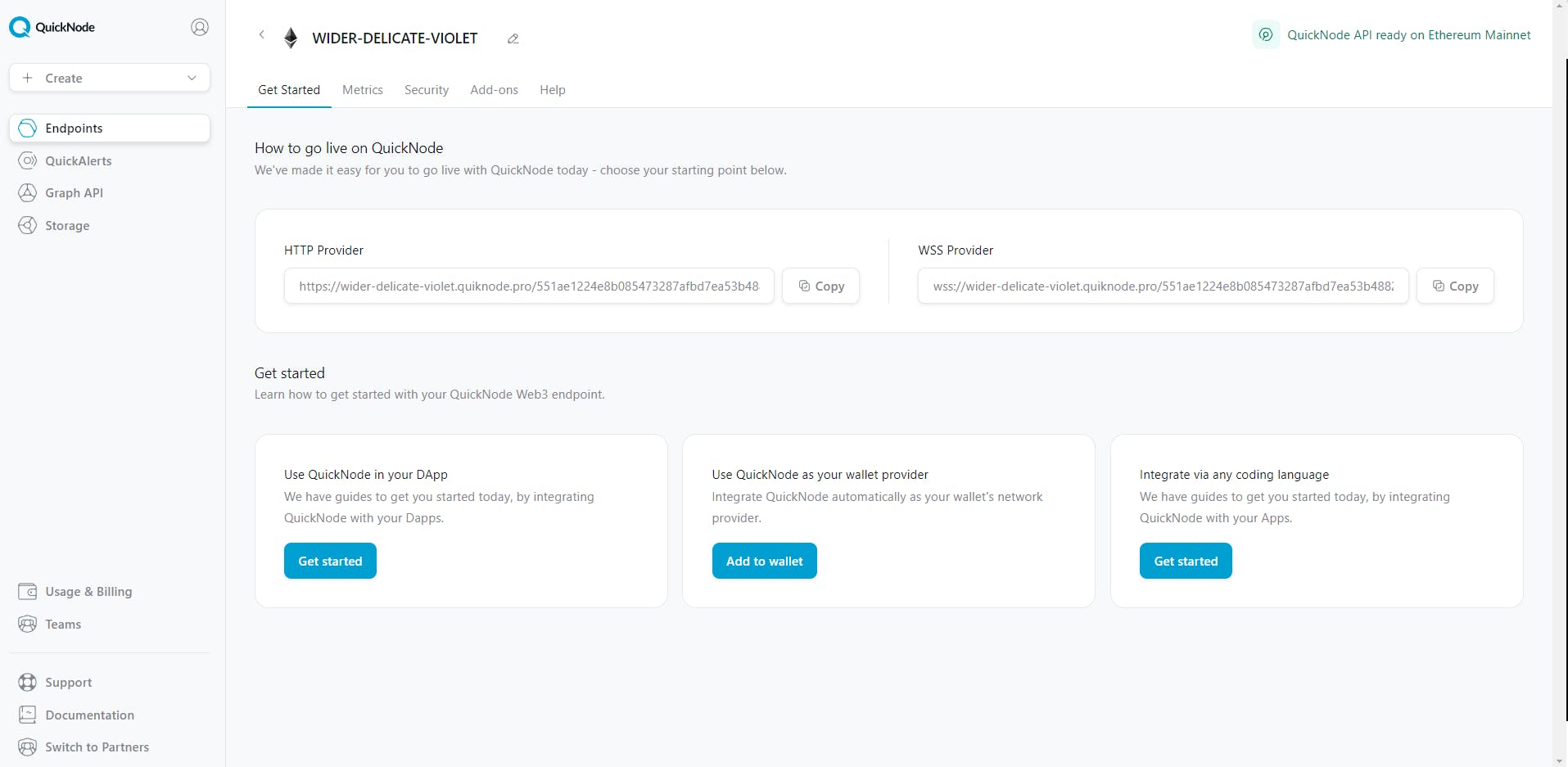 Screenshot of the QuickNode platform to copy our RPC from the desired blockchain