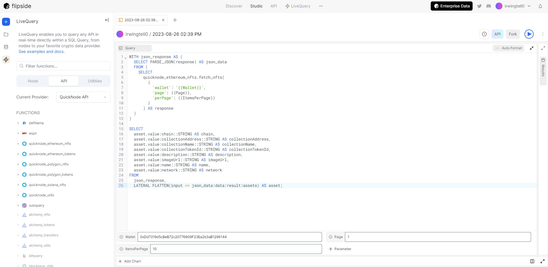 Flipside Dashboard where we created our query with parameters