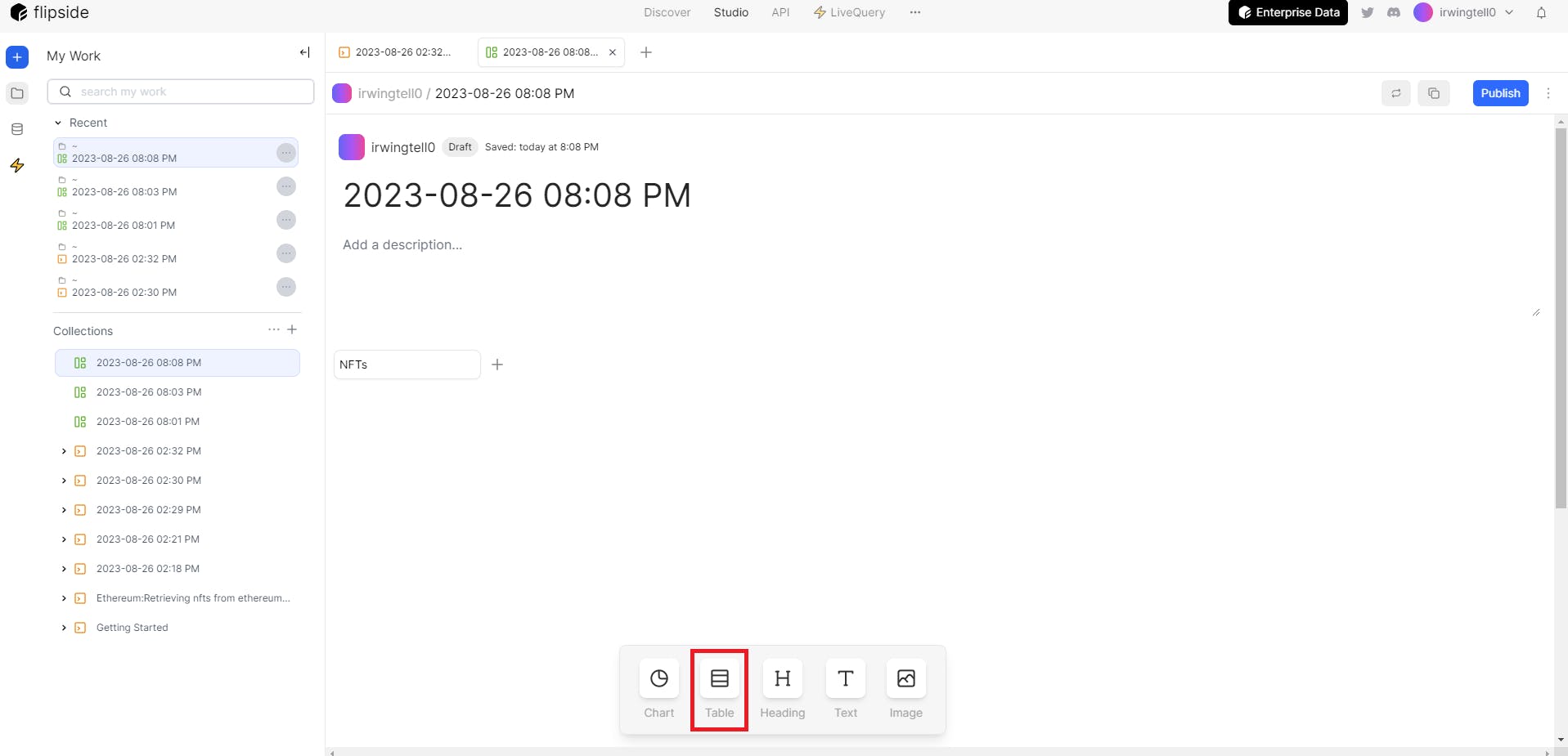 Adding a table to display our information from query on our Flipside Dashboard