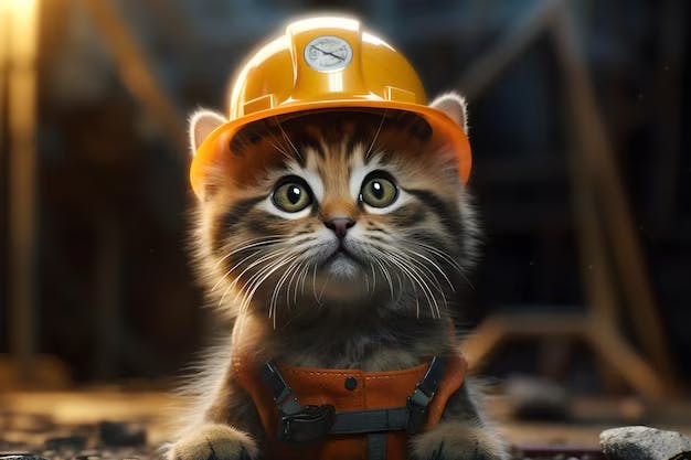 A cat wearing a hard hat with the word cat on it
