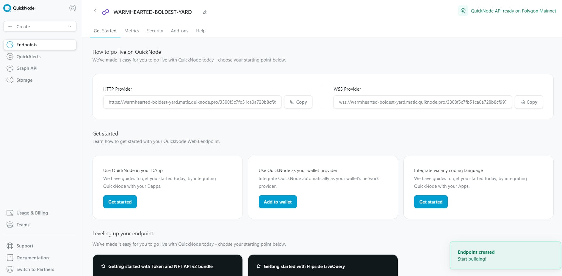 Screenshot of the QuickNode platform to copy our RPC from the desired blockchain