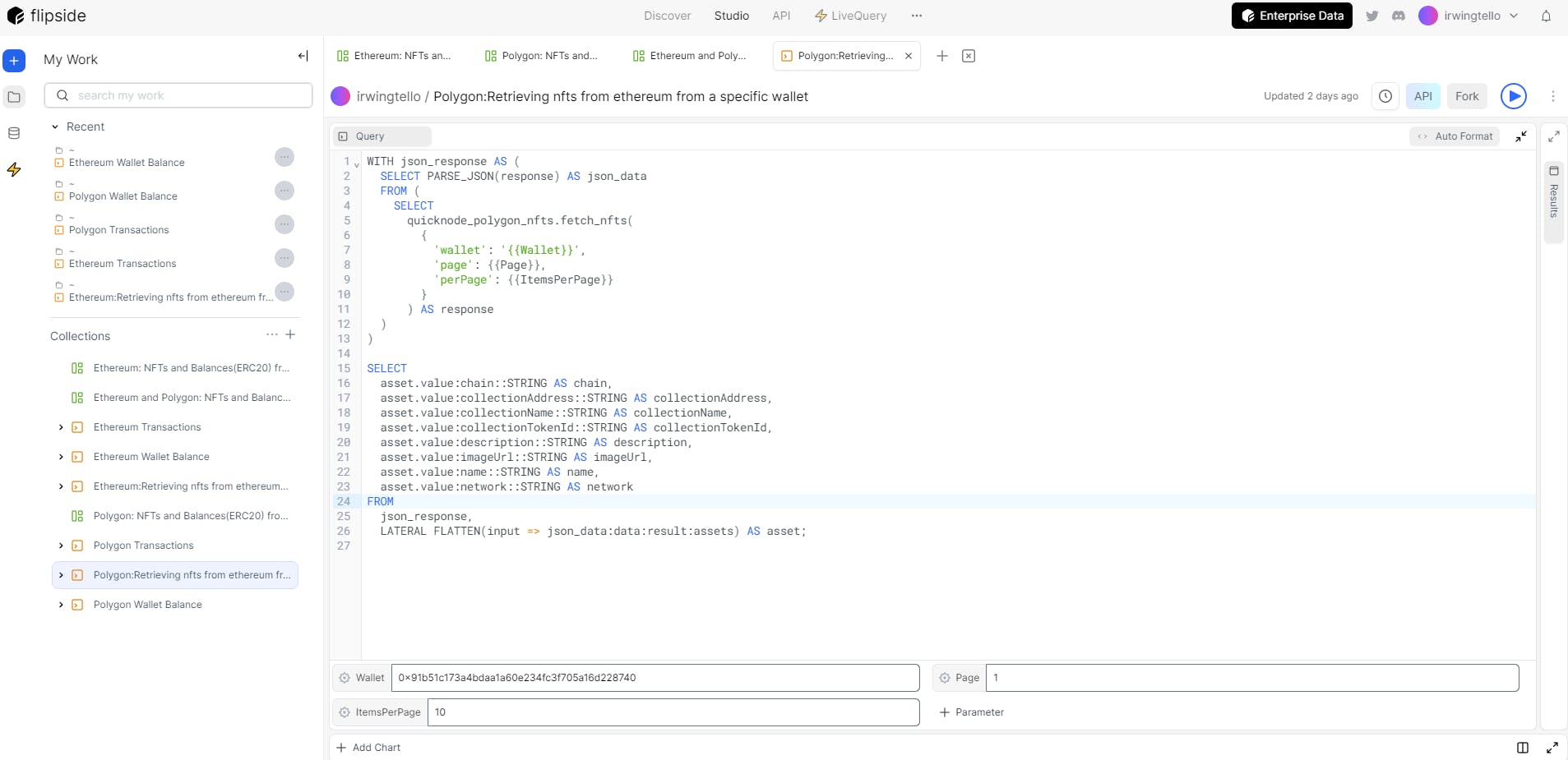 Flipside Dashboard where we created our query with parameters