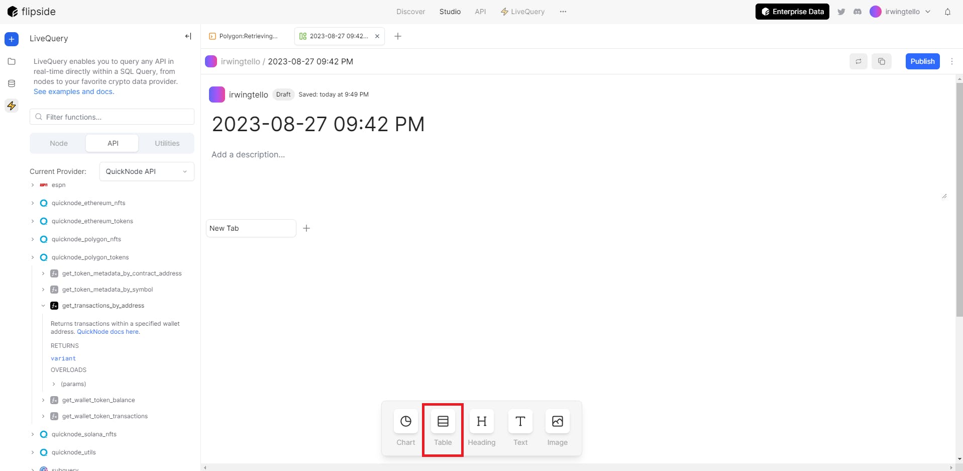 Adding a table to display our information from query on our Flipside Dashboard