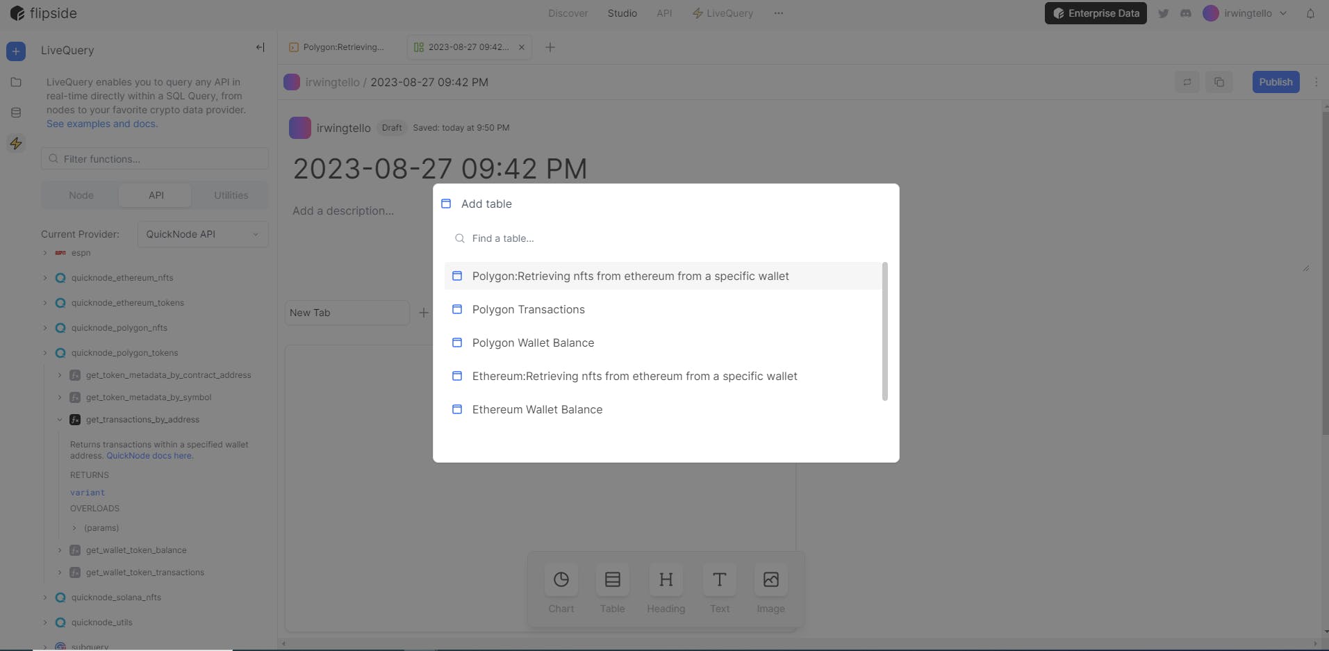 Adding a table to display our information from query on our Flipside Dashboard