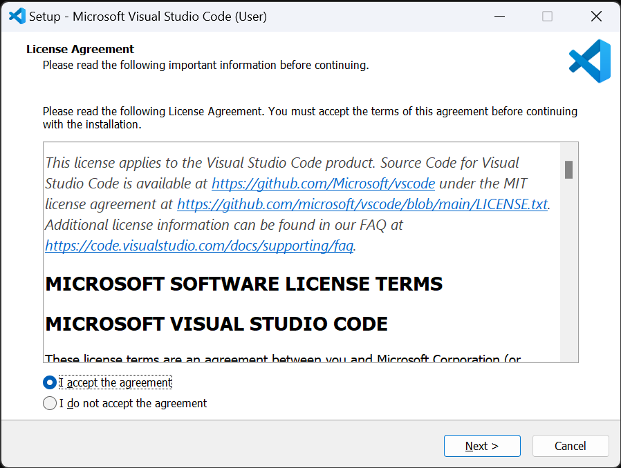 VS Code license agreement on Windows
