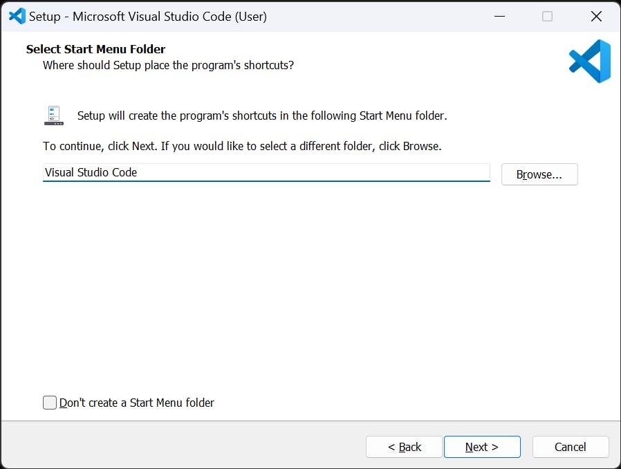 Choosing VS Code start menu folder