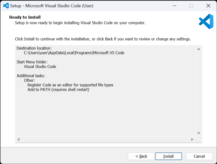 Confirming installation options for VS Code in Windows