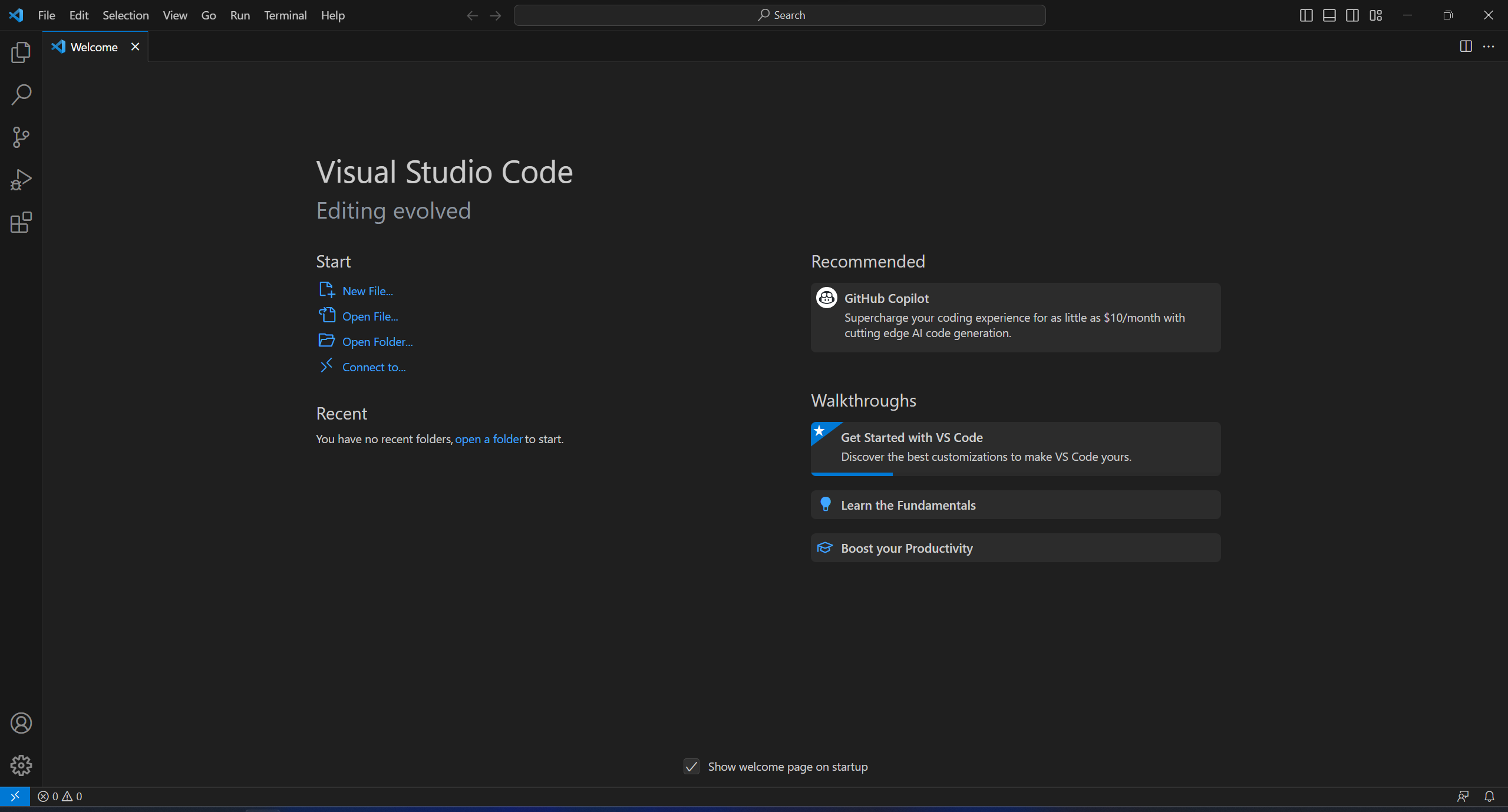 VS Code welcome page