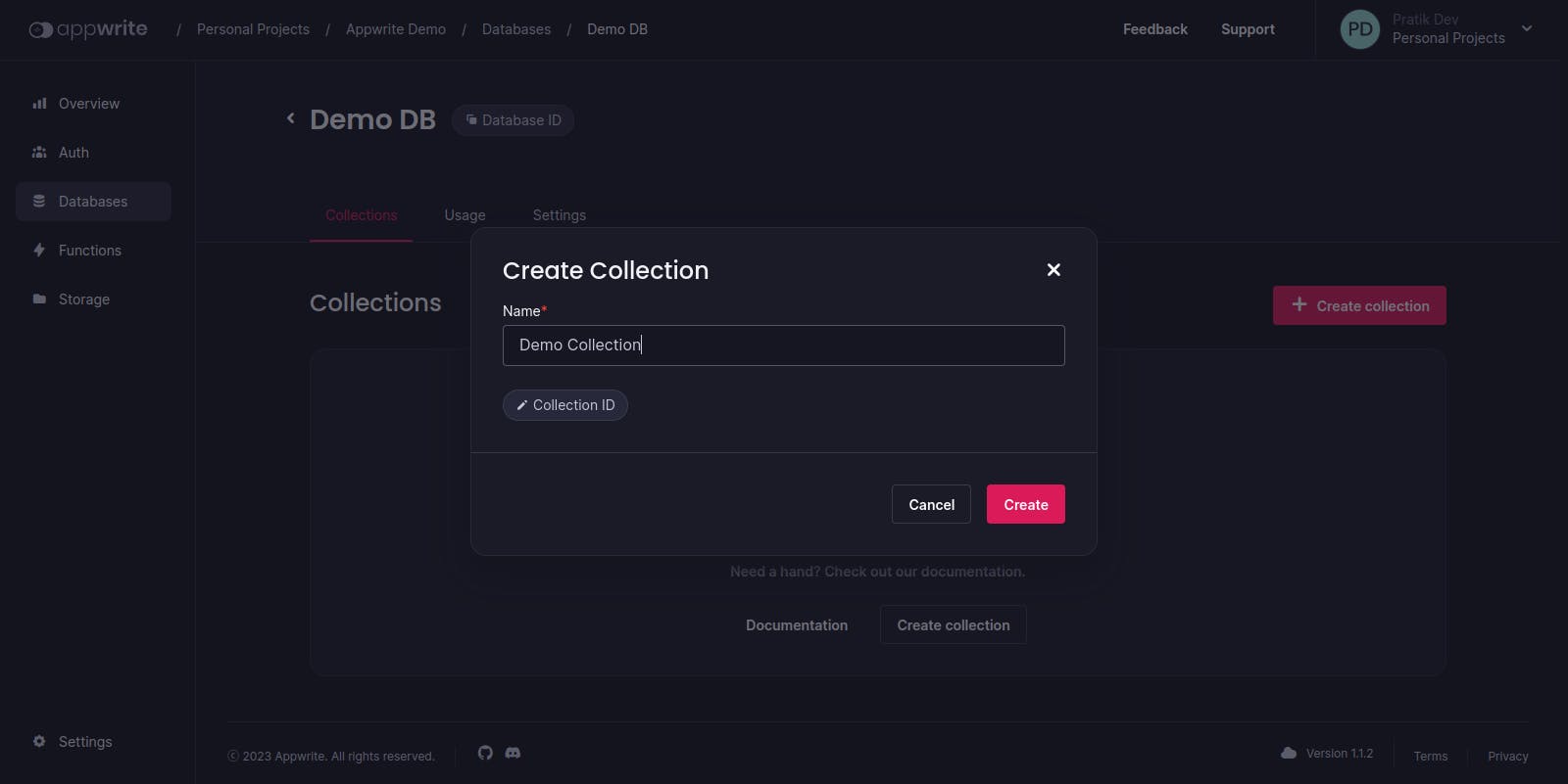 A screenshot that shows the collection creation process