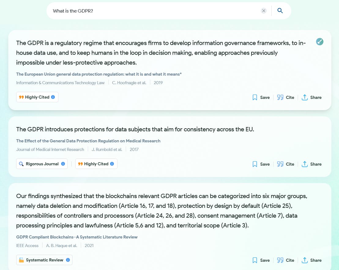 Searchpage of Consensus. In the textbox you can see that the input is 'What is the GDPR?', it shows 3 different results from 3 different research papers.