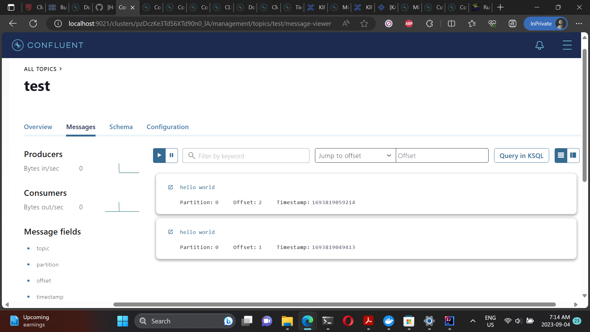 The Confluent Control Center(C3) showing the message that got serialized through our custom serializer