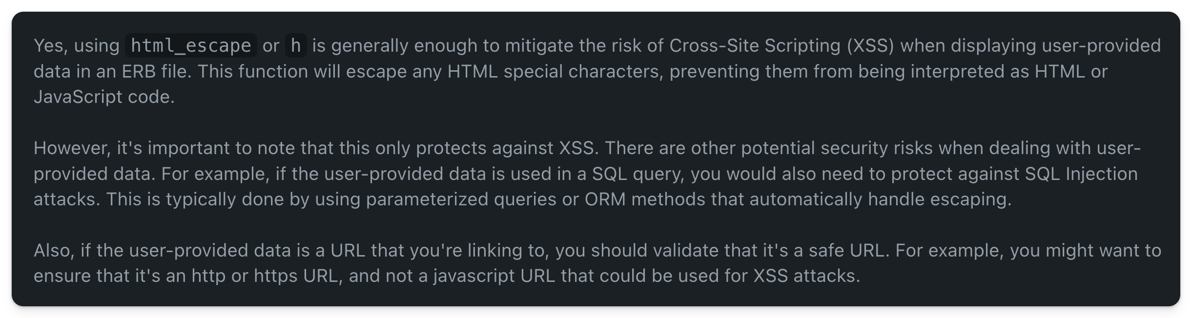 GPT4 response about using html_escape