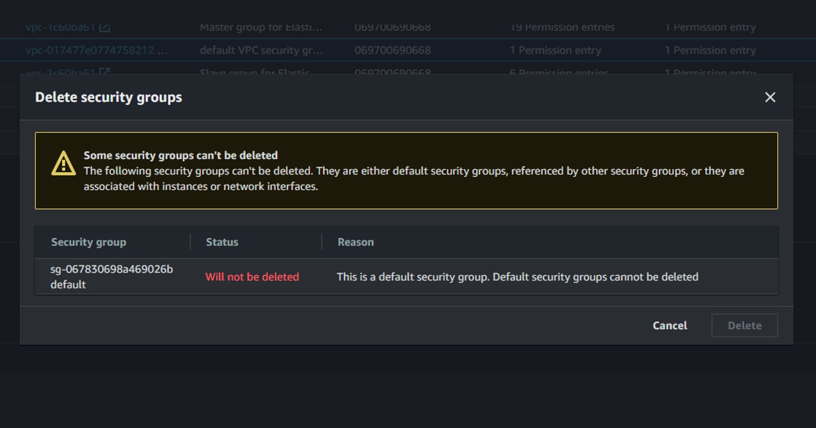 Why I Am Not Able to Remove a Security Group?