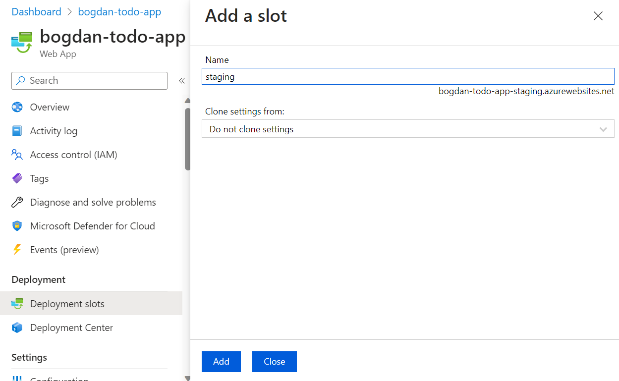 creating a staging slot in Azure