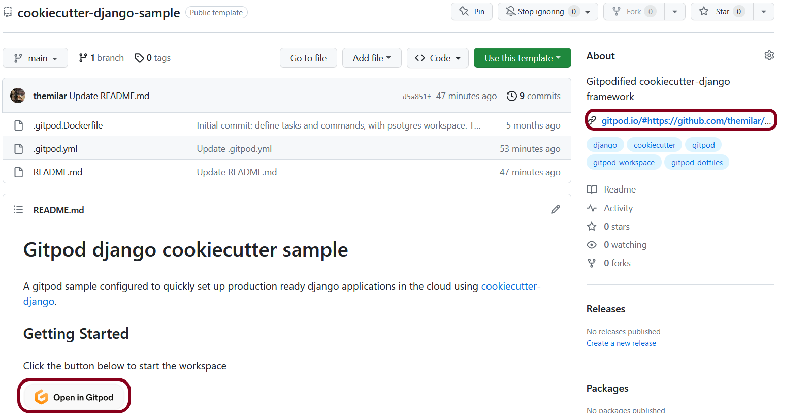 GitHub page of the django cookiecutter Gitpod sample 