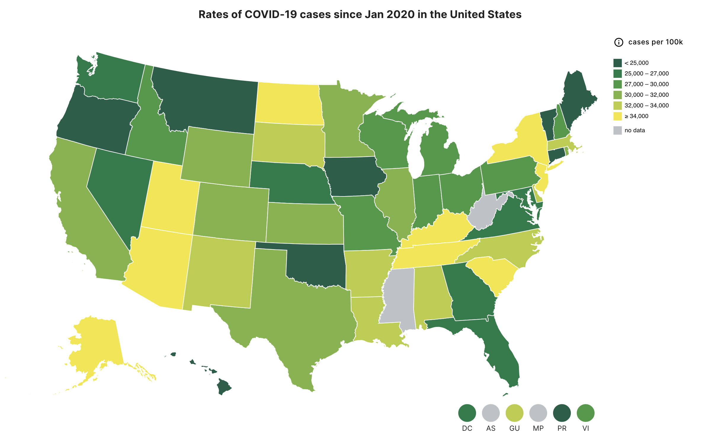 Choropleth map from the Health Equity Tracker showing the United States, with states and territories colored from dark green to yellow representing cumulative COVID rates in each state